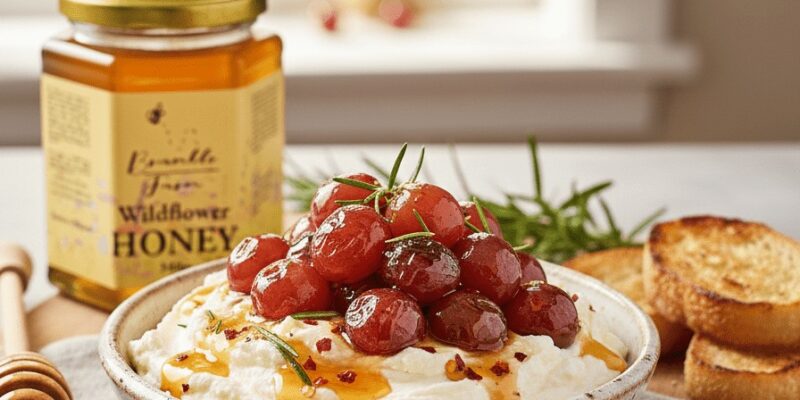 Hot honey whipped feta topped with roasted red grapes, rosemary and chilli honey, with toasted sourdough