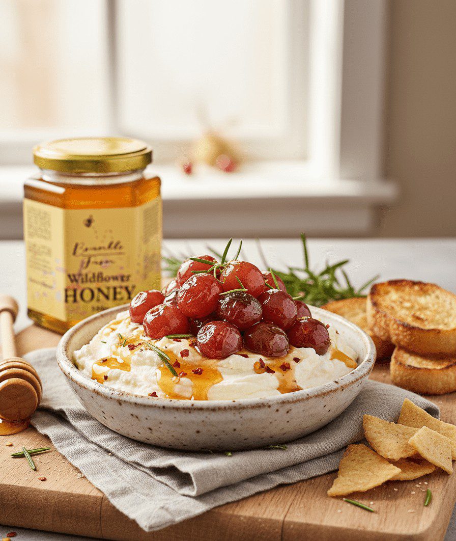 Hot honey whipped feta topped with roasted red grapes, rosemary and chilli honey, with toasted sourdough